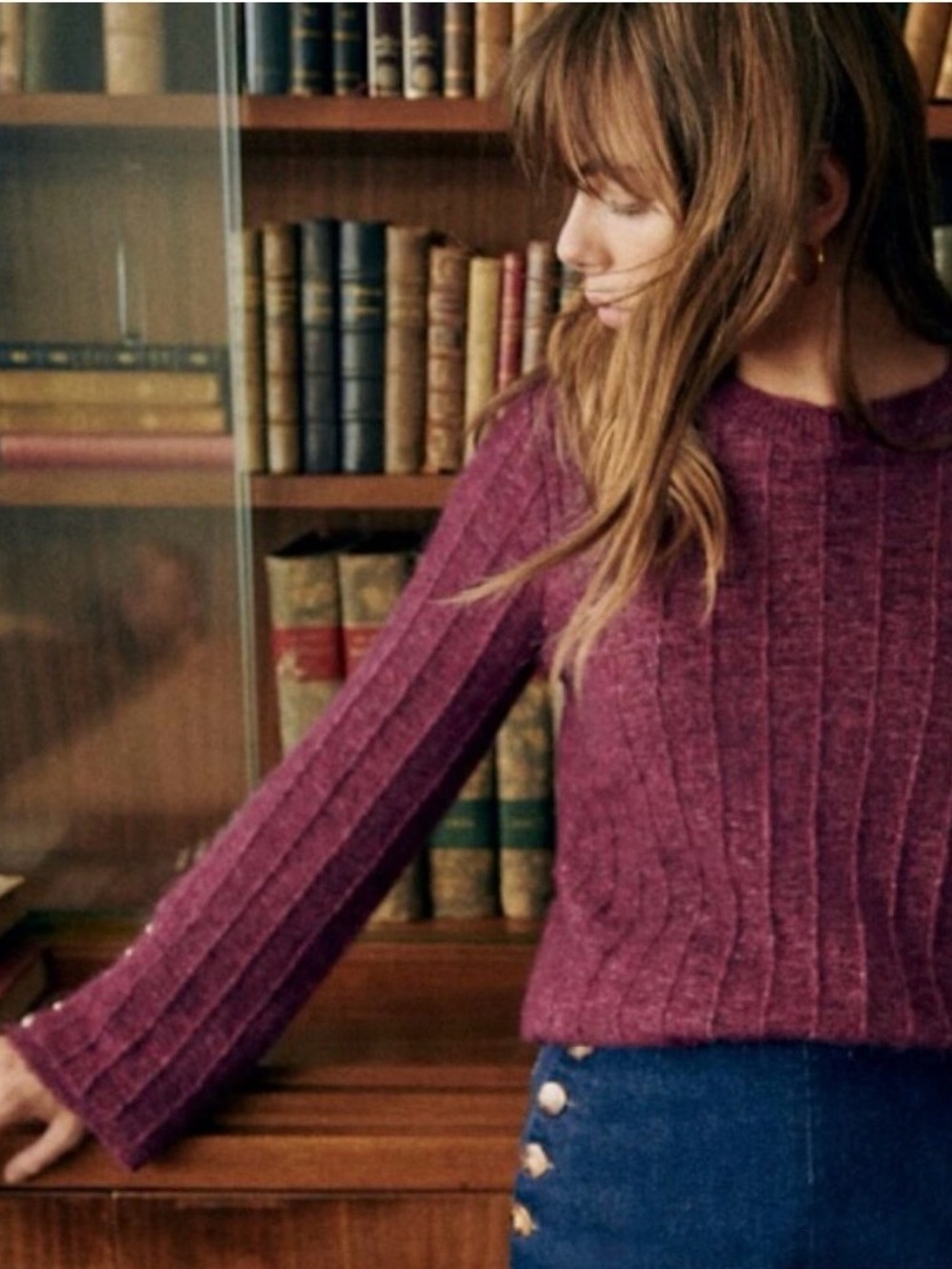 Sezane Joyce Jumper Sweater Merino Wool Mohair Gold Buttons in Grape Purple XS - Picture 3 of 12